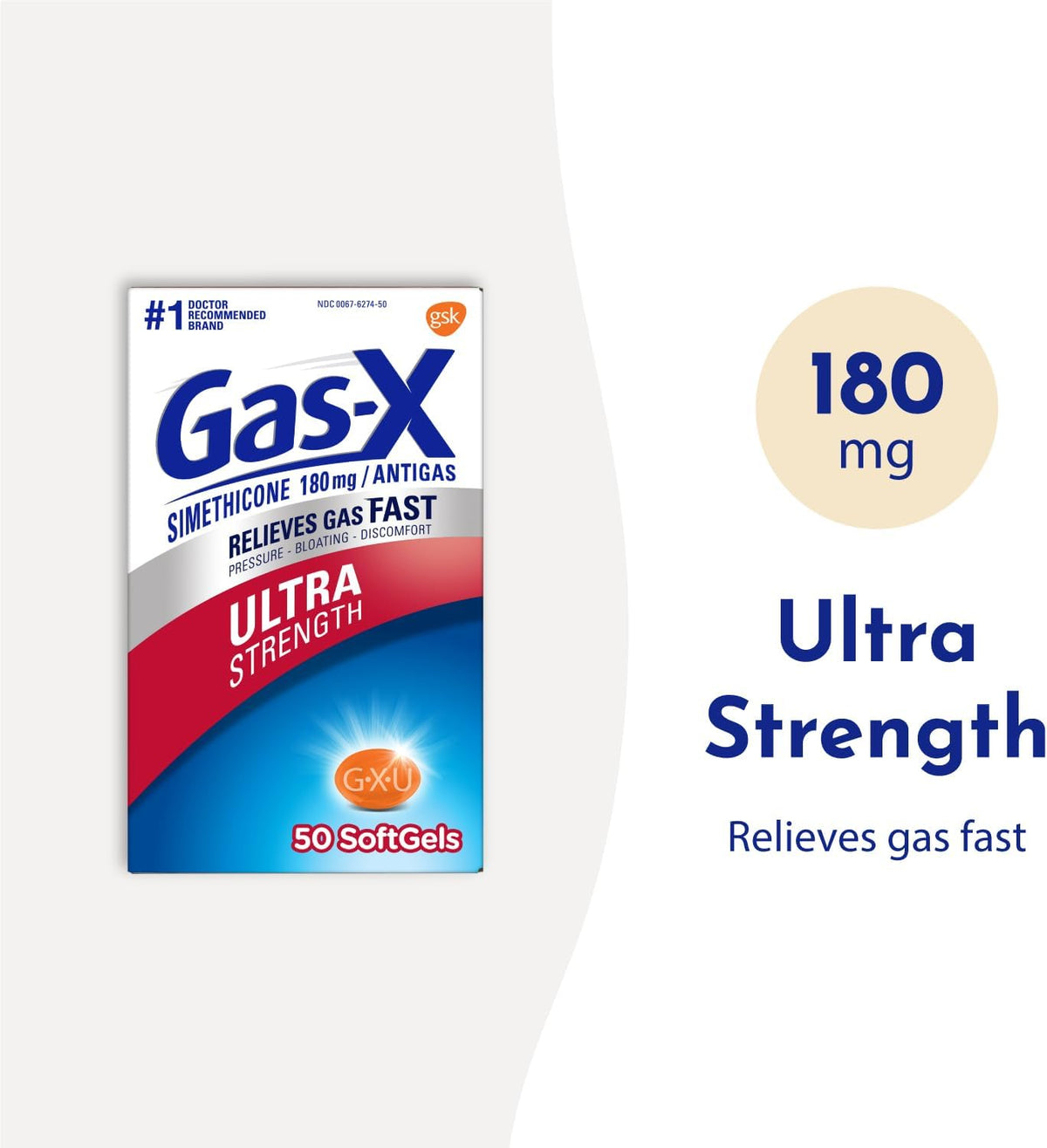 Gas-X Cápsulas blandas de alivio de gases ultra fuertes con simeticona, 180 mg para aliviar la hinchazón, 50 unidades