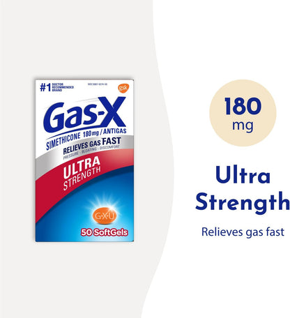 Gas-X Cápsulas blandas de alivio de gases ultra fuertes con simeticona, 180 mg para aliviar la hinchazón, 50 unidades