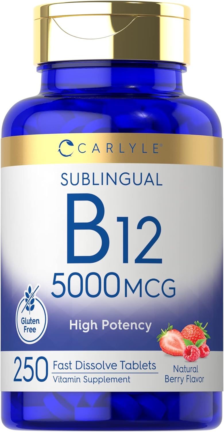 Carlyle Vitamina B12 5000mcg | 250 tabletas de disolución rápida | Sabor natural de bayas | Vegetariano, sin OMG, sin gluten