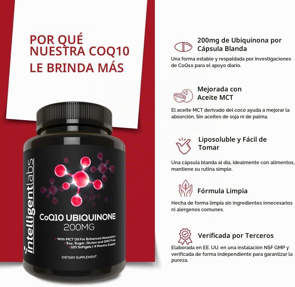 Intelligent Labs CoQ10 Ubiquinona 200mg con aceite MCT, apoyo para la salud cardíaca, 120 Softgels.