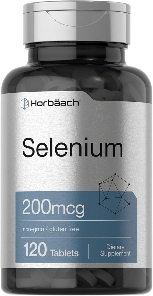Horbäach Suplemento de selenio de 200 mcg para mujeres y hombres | 120 tabletas | Sin OMG y sin gluten