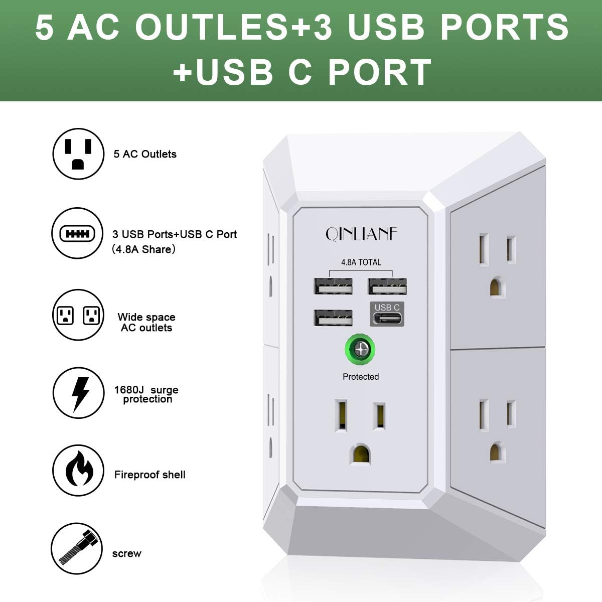 QINLIANF - Cargador de pared, protector de sobretensiones, extensor de 5 tomas de corriente con 4 puertos de carga USB (4.8 A en total) de 3 lados 1680J