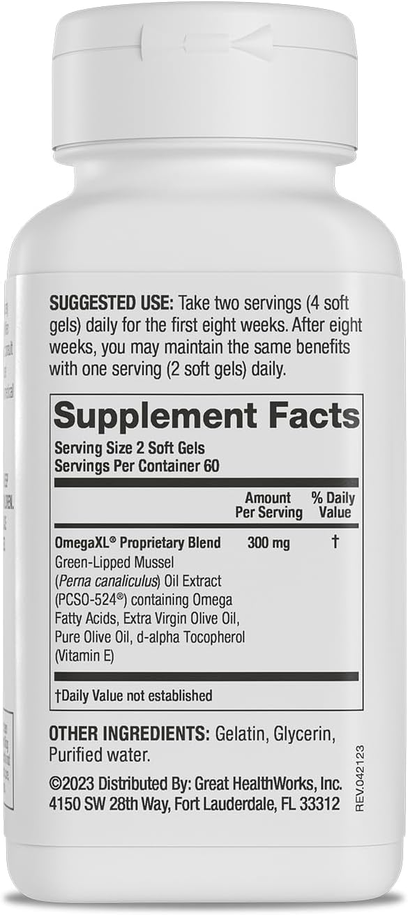 OmegaXL Joint Support Supplement - Natural Muscle Support, Green Lipped Mussel Oil,120 Capsulas de Gel