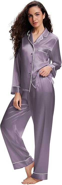Lonxu Conjunto de pijama de satén de seda para mujer, con botones, ropa de dormir, color gray