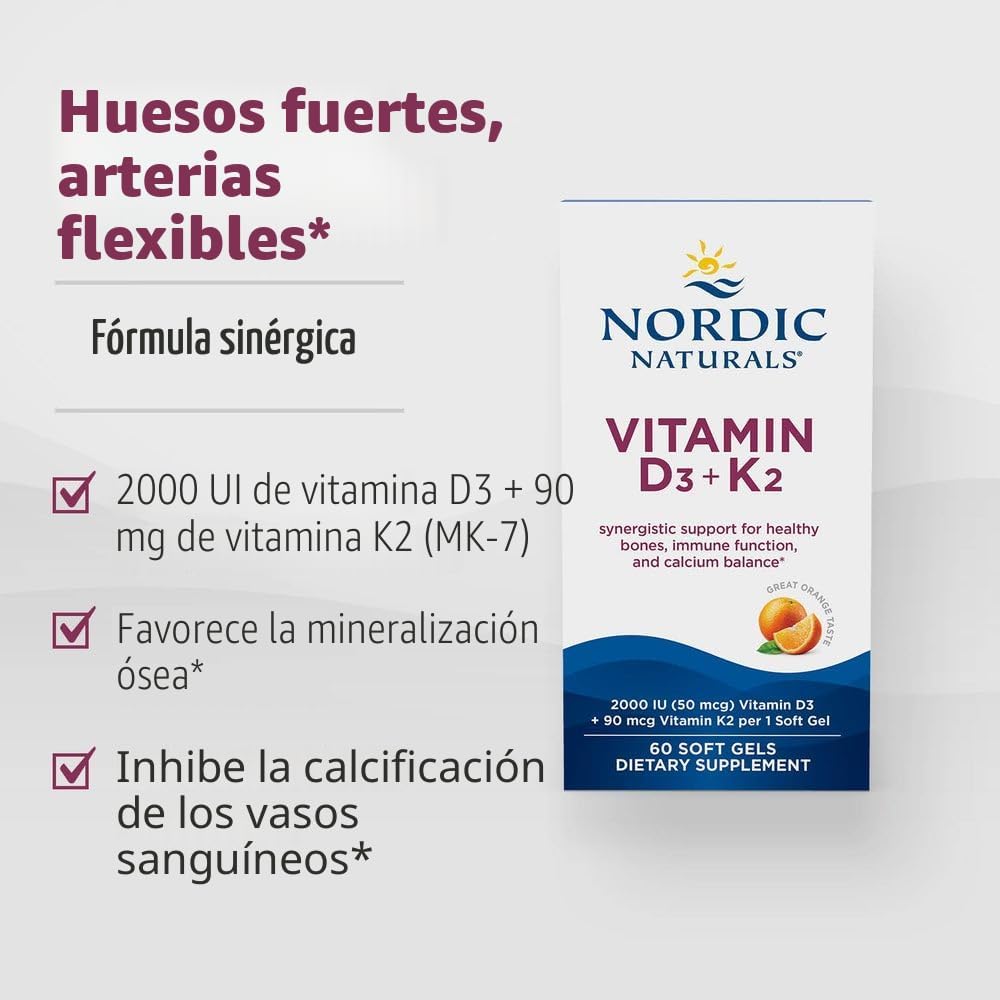 Nordic Naturals Vitamina D3 + K2, sabor a naranja, 60 Softgels
