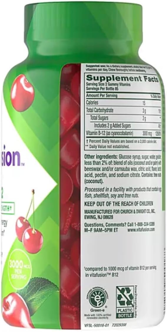 Vitafusion Extra Strength B12 Vitamin Gummies, 3000 mcg, Cherry 170 gomitas
