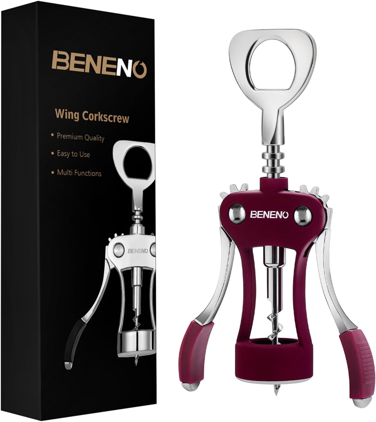 Abridor de vino Beneno, sacacorchos de ala de aleación de zinc con abrebotellas multifuncional, con mango ergonómico antideslizante, morado