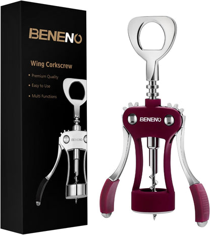 Abridor de vino Beneno, sacacorchos de ala de aleación de zinc con abrebotellas multifuncional, con mango ergonómico antideslizante, morado