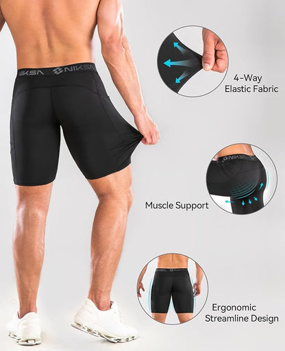 Pantalones cortos de compresión para hombre con bolsillo, para deportes, entrenamiento, correr