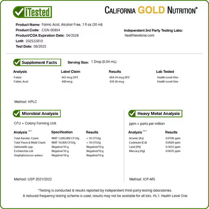 California Gold Nutrition, Ácido folínico, sin alcohol, 30 ml