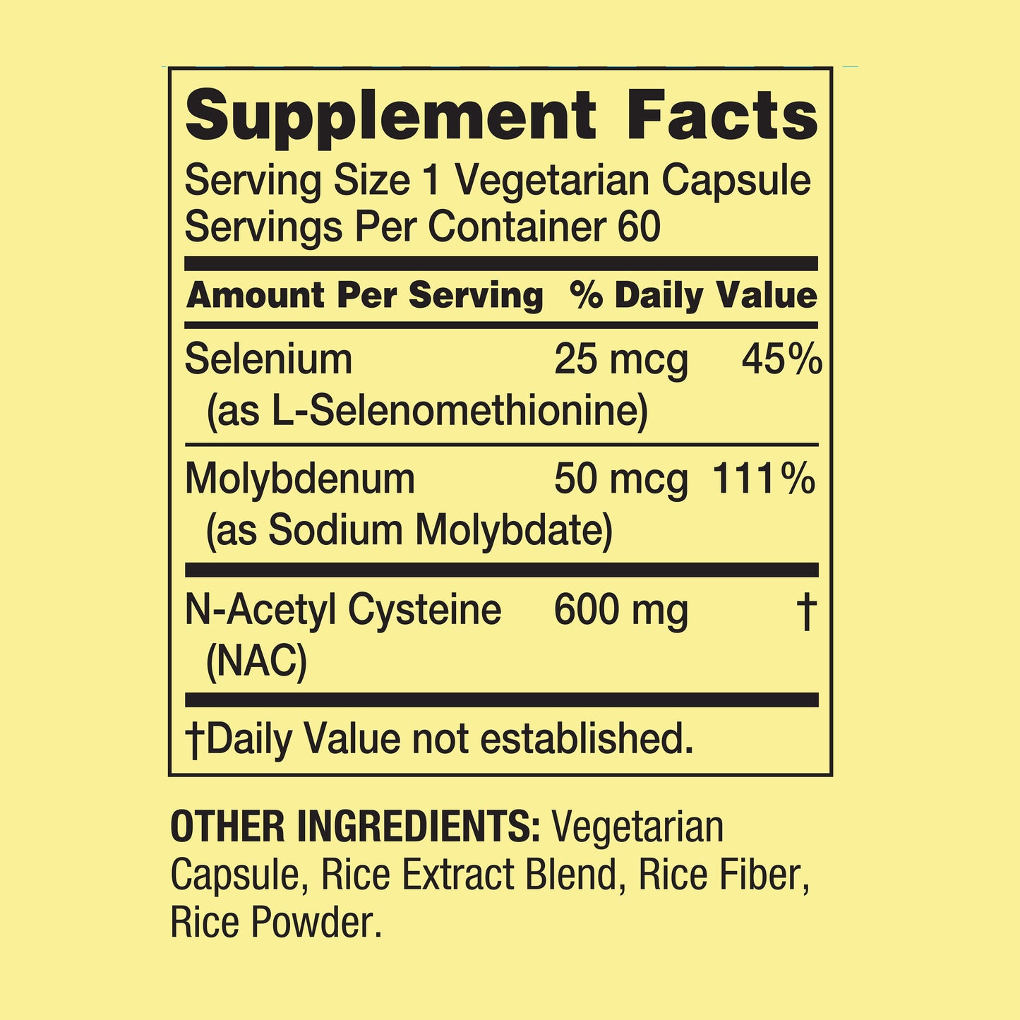 NAC  N-Acetyl Cysteine Spring Valley 60 Capsules Vegetarianas, 600mg.