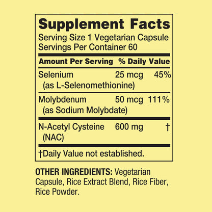 NAC  N-Acetyl Cysteine Spring Valley 60 Capsules Vegetarianas, 600mg.