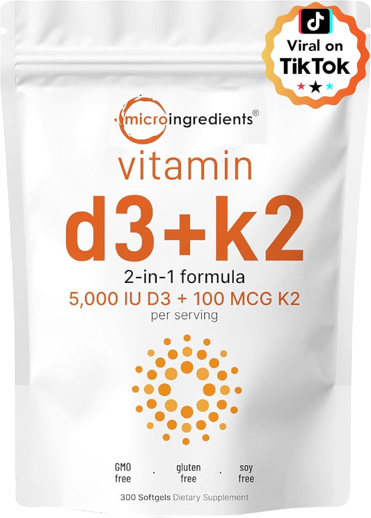 Micro Ingredients - Vitamina D3 5000 UI con K2 100 mcg, 300 cápsulas blandas, K2 MK-7 con suplemento de vitamina D3, 2 en 1, salud inmunitaria,.