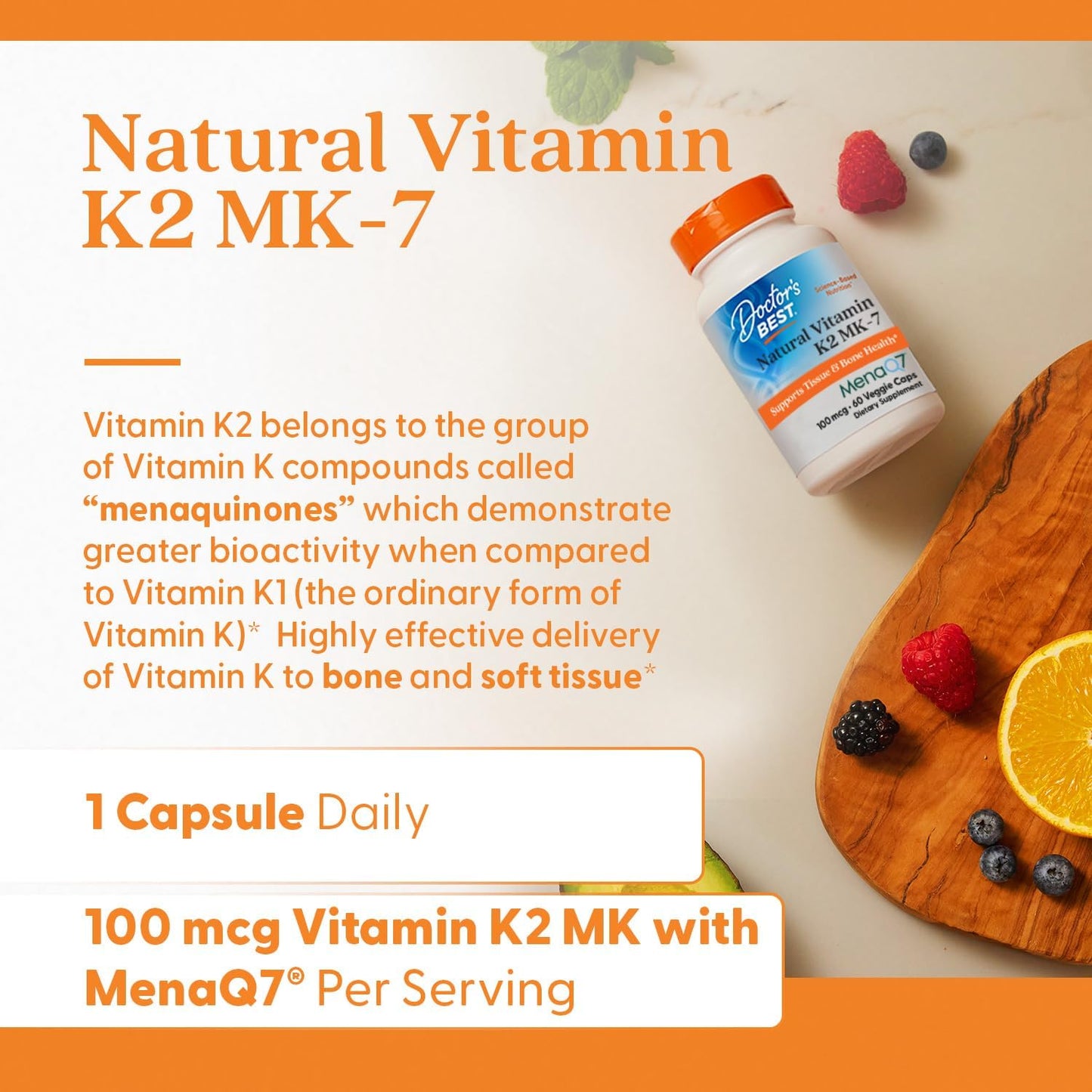 Doctor's Best Vitamina K2 Mk-7 natural con MenaQ7,  vitamina K2 de 100 mcg que apoya la salud ósea, 60 cápsulas