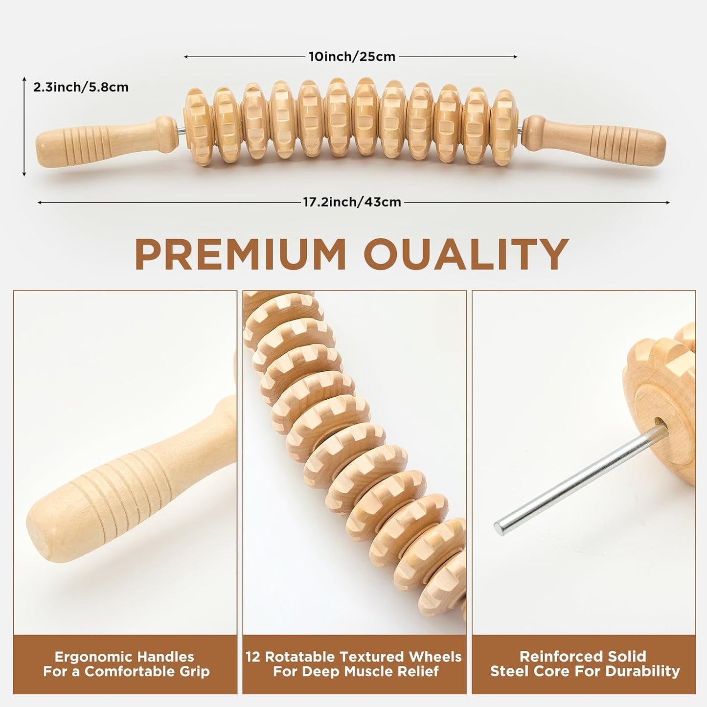 Rodillo de madera para masaje anticelulítico en piernas y muslos: herramienta manual para aliviar la fascia muscular, favorecer el drenaje linfático y esculpir el cuerpo.
