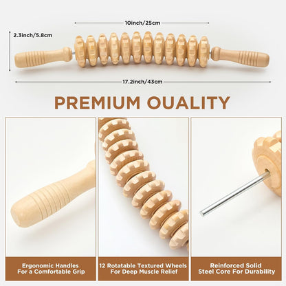 Rodillo de madera para masaje anticelulítico en piernas y muslos: herramienta manual para aliviar la fascia muscular, favorecer el drenaje linfático y esculpir el cuerpo.