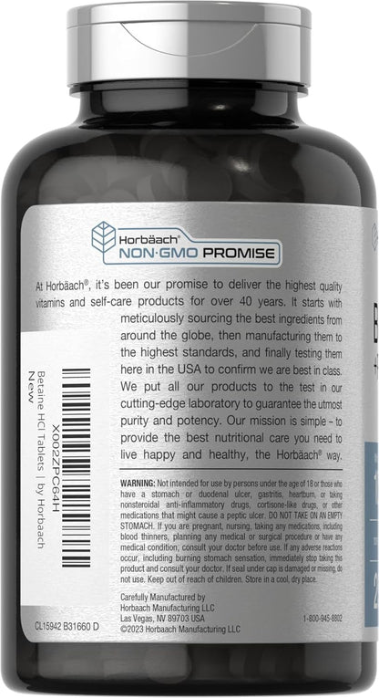 Horbäach Betaína HCl con pepsina | 1000 mg | 250 tabletas | Suplemento de clorhidrato | con raíz de jengibre | Sin OMG, sin gluten