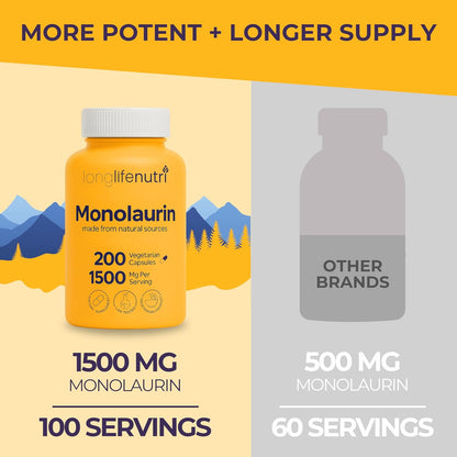 Longlifenutri , vitamina monolaurina de 1500 mg - 200 cápsulas vegetarianas
