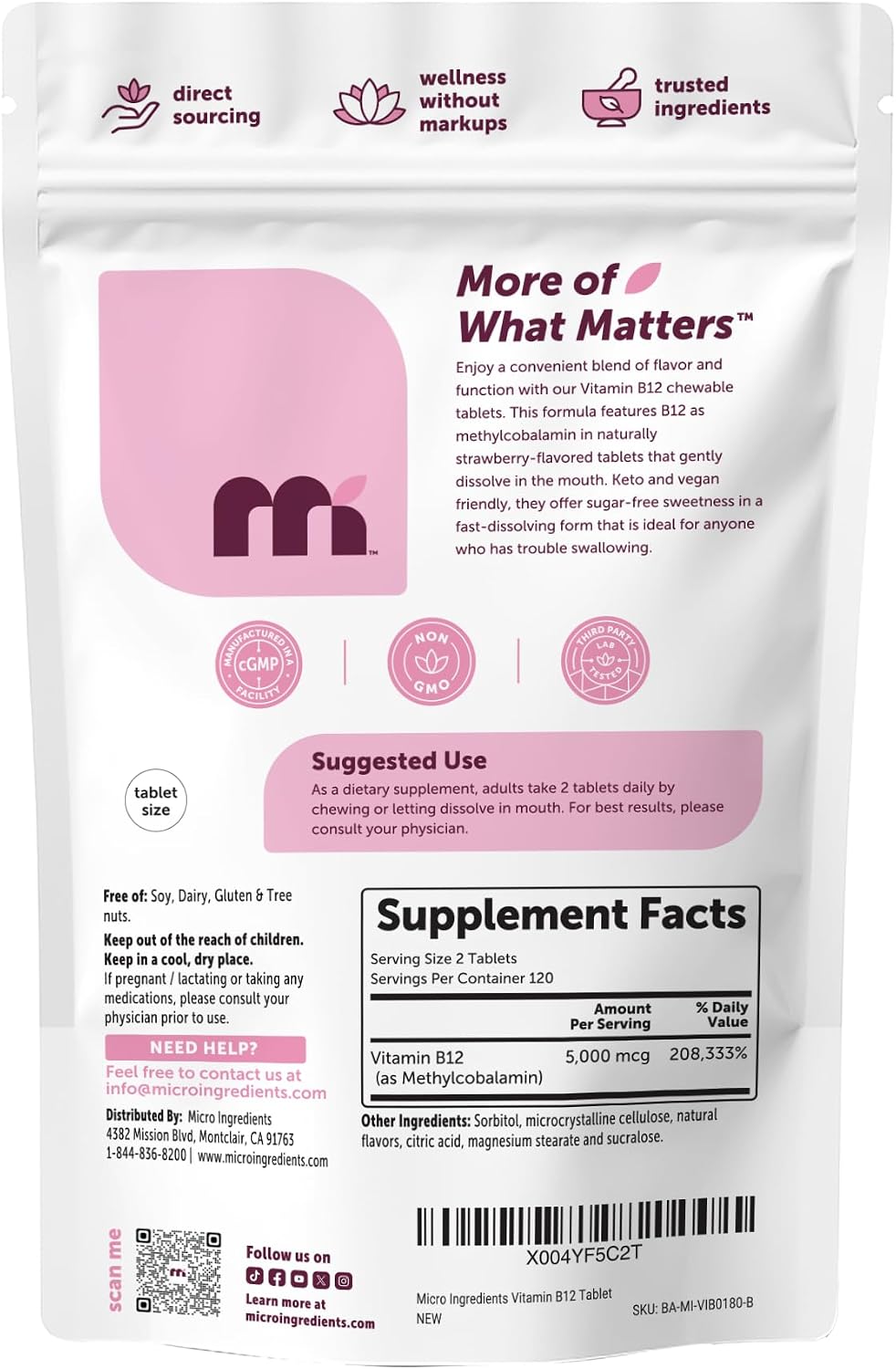 Micro Ingredients - Vitamina B12 methylcobalamin 5,000mcg - 240 tabletas