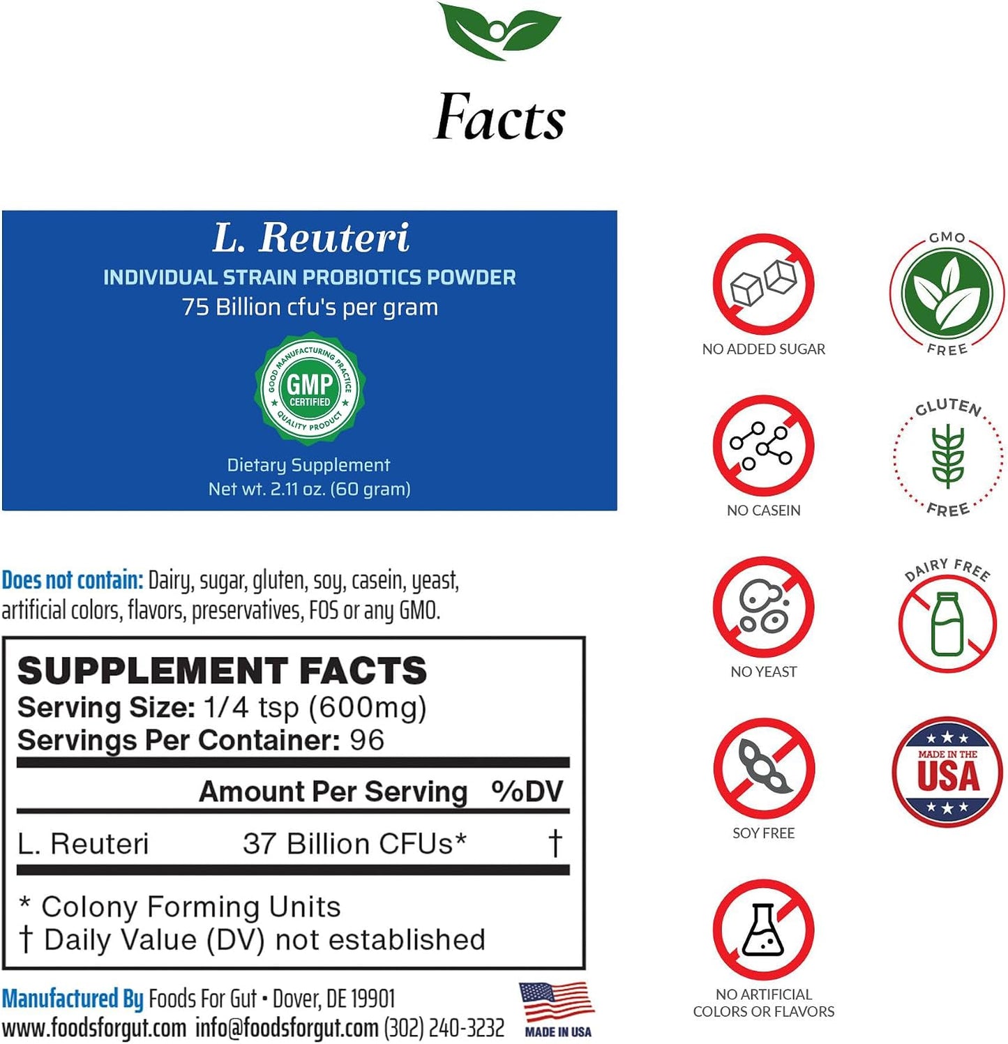 Lactobacillus Reuteri Probiotic Powder 75 mil millones de ufc  | 60 gr