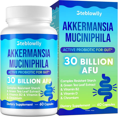 Steblowlly - Akkermansia Muciniphila probiótico activo para el intestino 30 Billion AFU, 60 capsulas