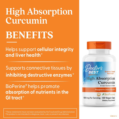 Doctor's Best Curcumina de raíz de cúrcuma con complejo C3 y bioperina- 120 tabletas
