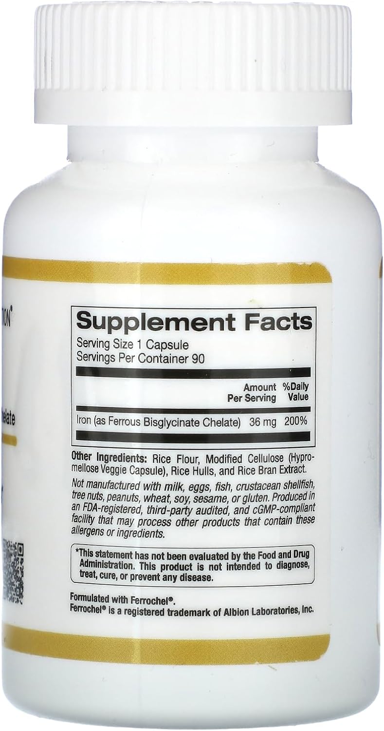 California Gold Nutrition Hierro Ferrochel, forma de quelato de bisglicinato ferroso, suave para el estómago, 36 mg, 90 cápsulas vegetale