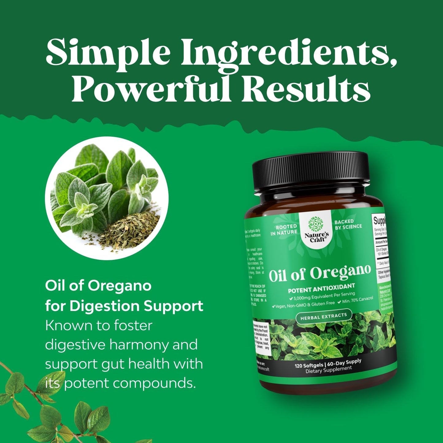 Natures Craft Aceite de Oregano con carvacrol 70% para digestión y apoyo inmunológico, 120 Softgels