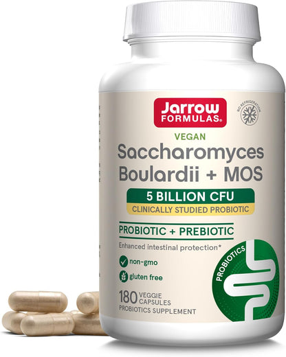 Jarrow Formulas Vegan, Saccharomyces Boulardii + MOS 5 billion CFU probiotic + prebiotic, 180 capsulas