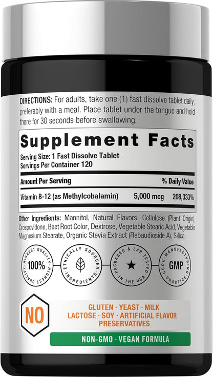 B-12 5000mcg , 120 tabletas disolventes - Horbaach