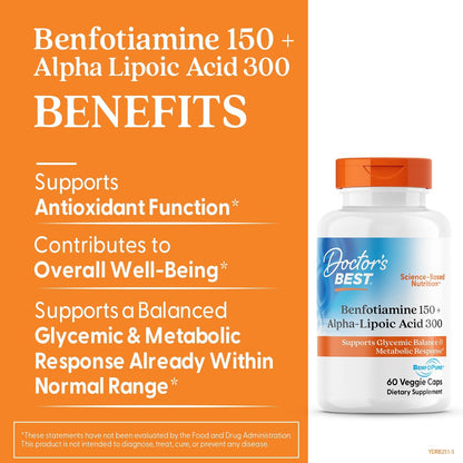 Doctor's Best Benfotiamine 150 + ácido alfa lipoico 300, 60 cápsulas vegetales