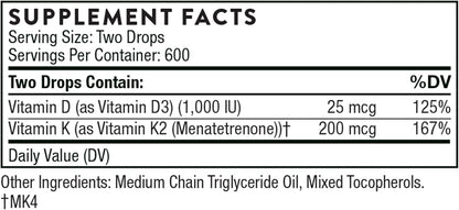 Thorne - Vitamina D+ K2 liquid , 30ml