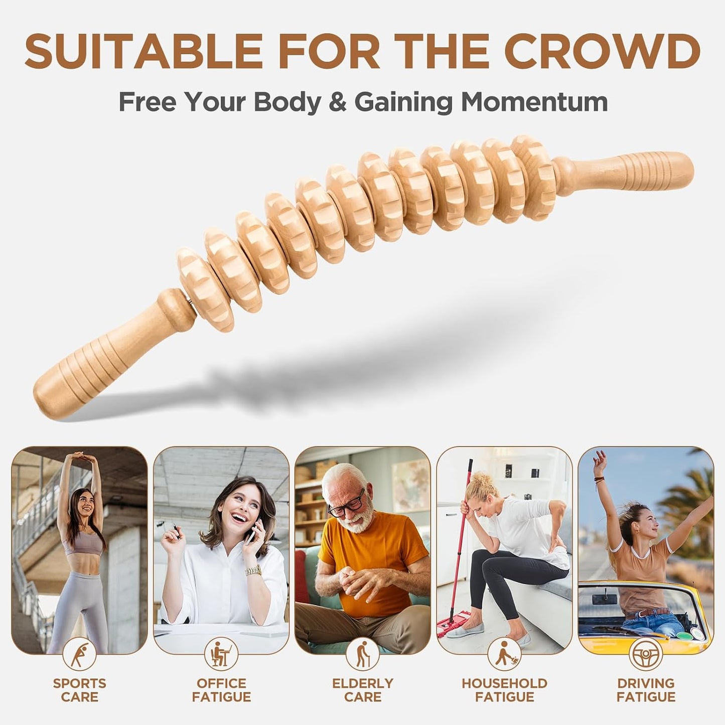 Rodillo de madera para masaje anticelulítico en piernas y muslos: herramienta manual para aliviar la fascia muscular, favorecer el drenaje linfático y esculpir el cuerpo.