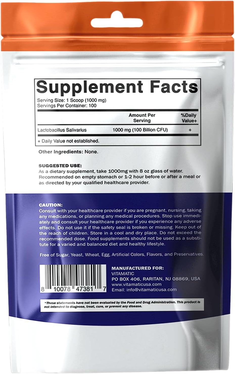 Vitamatic Lactobacillus Salivarius - Polvo probiótico - Soporte digestivo - 100gr