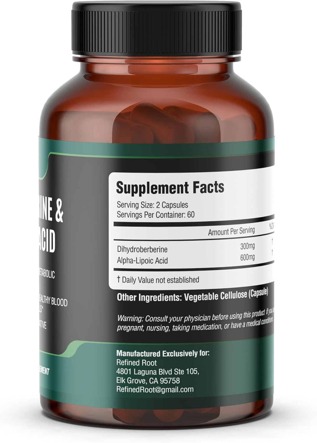dihidroberberina de raíz refinada de 300 mg con ácido alfa lipoico de 600 mg, 120 capsulas