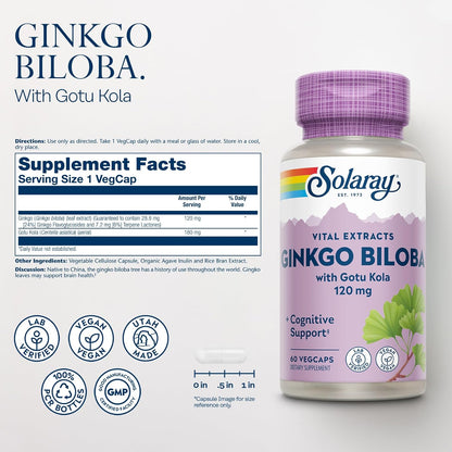 SOLARAY - Ginkgo Biloba Extract con Gotu Kola, 60 capsulas