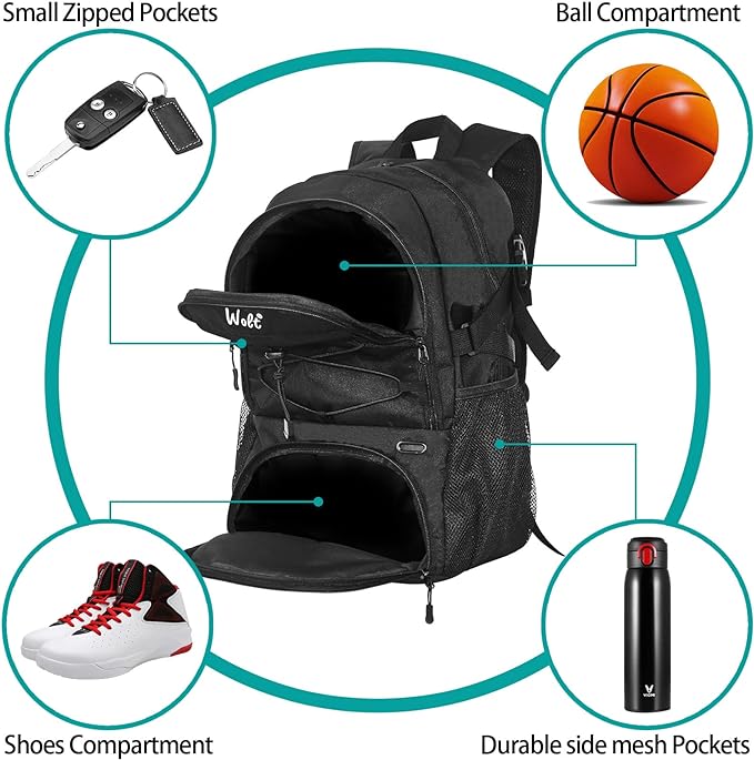 WOLT | Mochila de baloncesto grande con soporte de pelota separado y compartimento para zapatos, ideal para baloncesto, fútbol, voleibol, natación, gimnasio, viajes