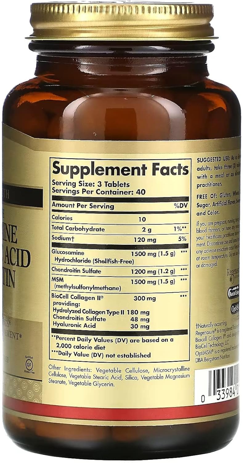 Solgar Glucosamina de ácido hialurónico condroitín sulfato MSM, 120 Tabletas