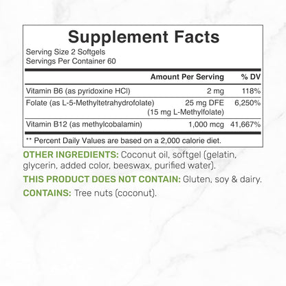 Deal Supplement - L- Methylfolate, 5- MTHF 15mg con B6& Methylated B12 / cococnut oil, 120 capsulas