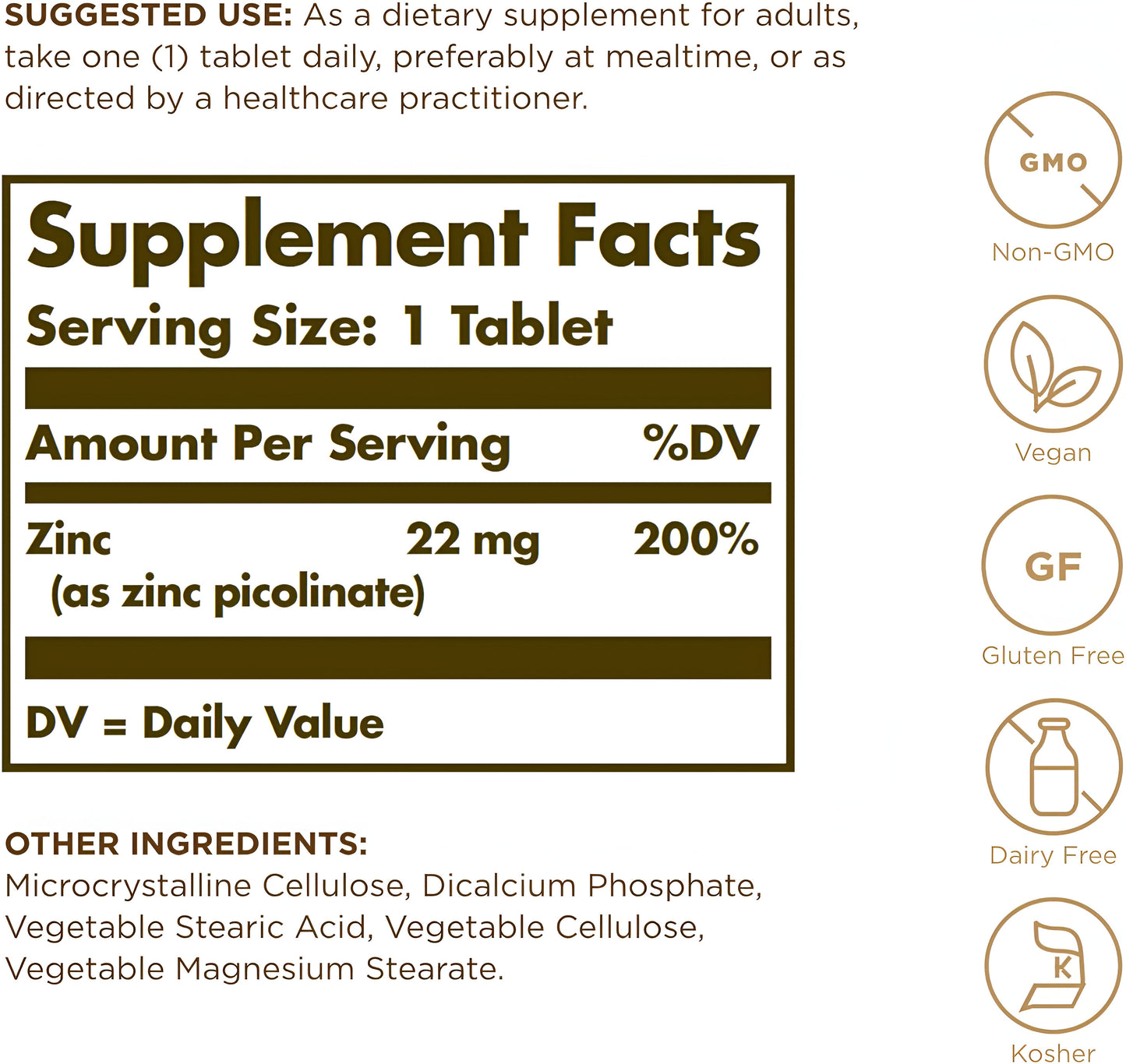 Solgar, Picolinato de zinc 22mg, 100 tabletas