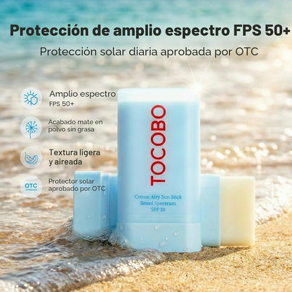 TOCOBO Cotton Airy Sun Stick SPF 50 - Protector solar mate coreano de amplio espectro para cara, 19gr