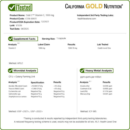 California Gold Nutrition Gold C, vitamina C de grado USP, 1,000 mg, 60 cápsulas vegetales