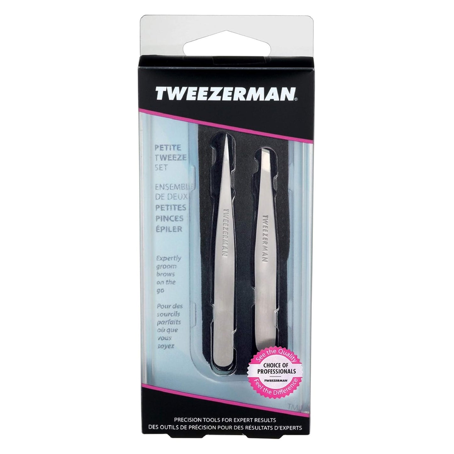 Tweezerman Juego de pinzas pequeñas con estuche de viaje, pinzas de punta e inclinación, (caja negra)
