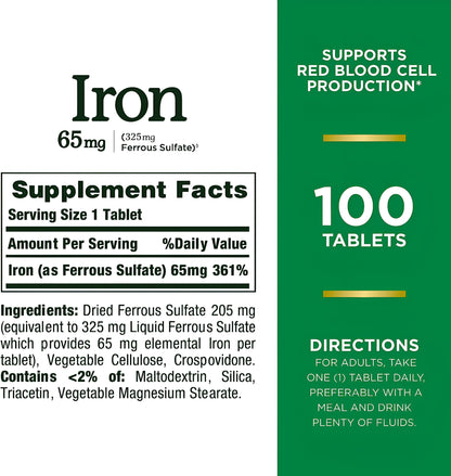 Nature's Bounty IRON 65mg (Sulfato de hierro, 325 mg) 100 tabletas