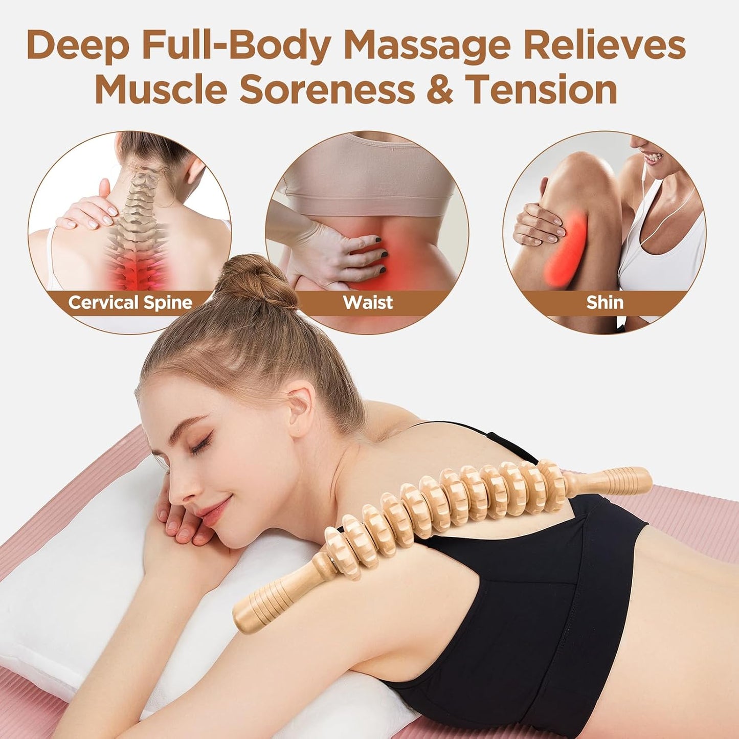 Rodillo de madera para masaje anticelulítico en piernas y muslos: herramienta manual para aliviar la fascia muscular, favorecer el drenaje linfático y esculpir el cuerpo.