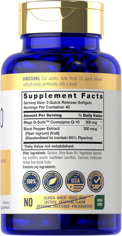 Carlyle CoQ10 300mg | 120 cápsulas blandas | Mega Q-Sorb Coenzima Q-10 | con extracto de pimienta negra | Suplemento sin OMG, sin gluten