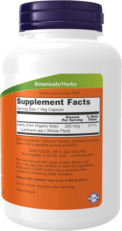 Suplementos Now, 325 mcg de yodo natural, apoya la función tiroidea saludable, 250 cápsulas vegetales