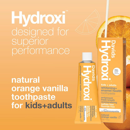 Davids Hydroxi - Pasta de dientes nano hidroxiapatita sin flúor para esmalte saludable y blanqueamiento, antiplaca, sin SLS, sabor a vainilla naranja apta para niños, 113gr