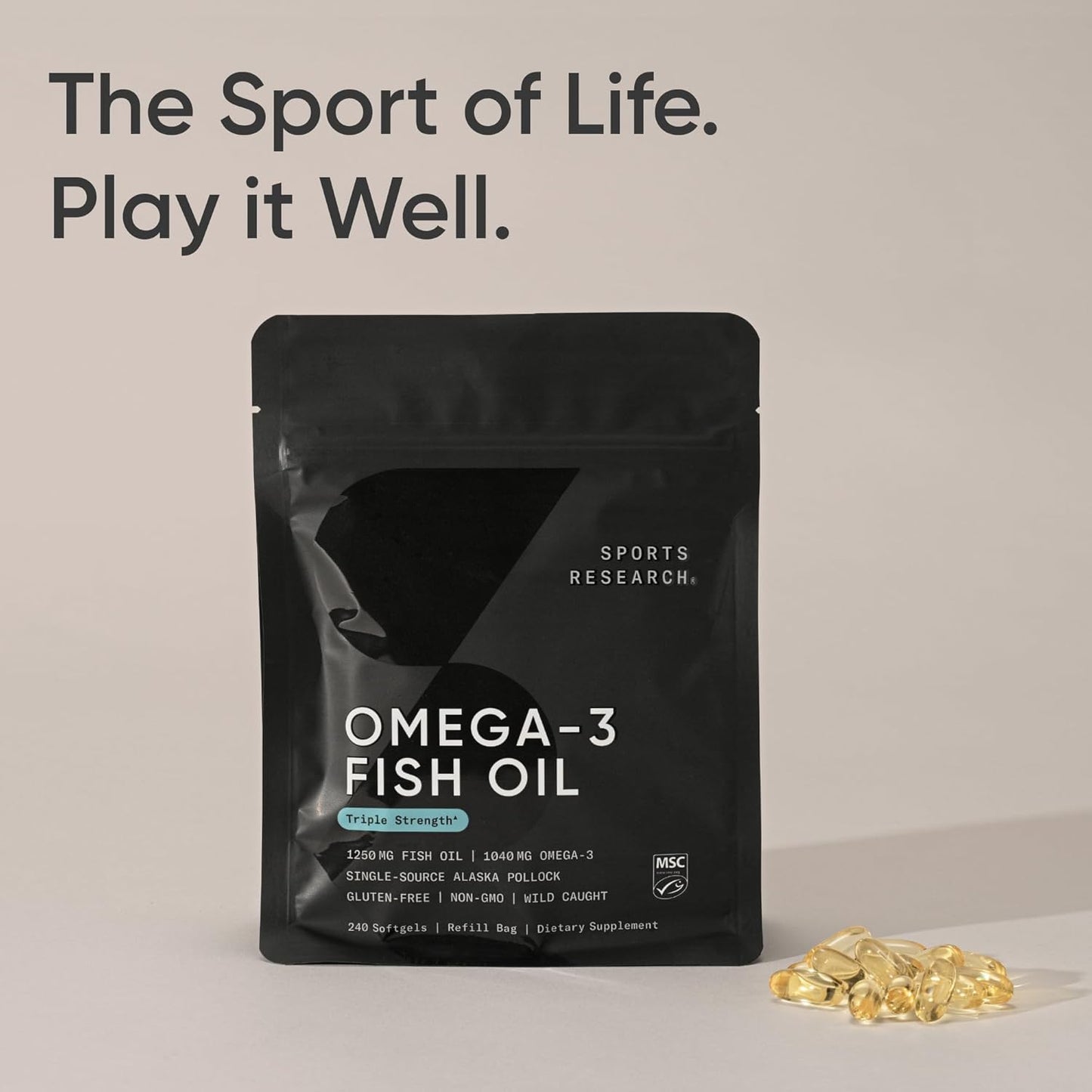 Sports Research , Omega - 3 Fish oil Wild Alakan Pollock 1250mg fish oil / 1040mg omega 3 , 240 Capsulas de Gel
