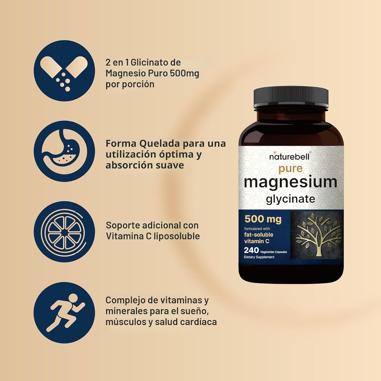 Magnesio Glisinato  500mg , 240 capsulas  - Naturebell